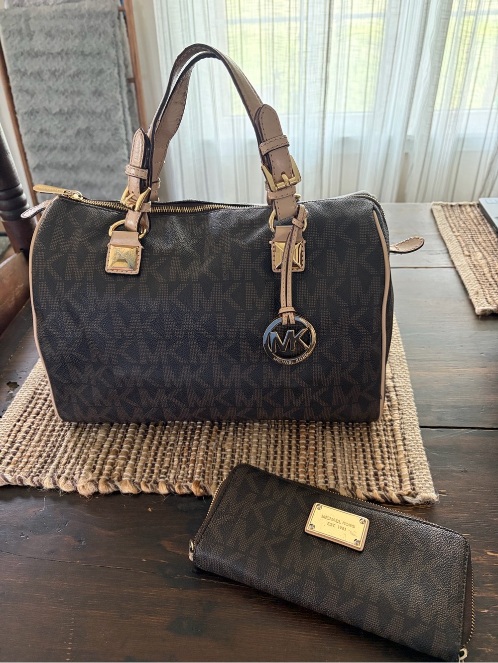 Michael Kors Dark Brown MK Monogram Duffel with Matching Wallet